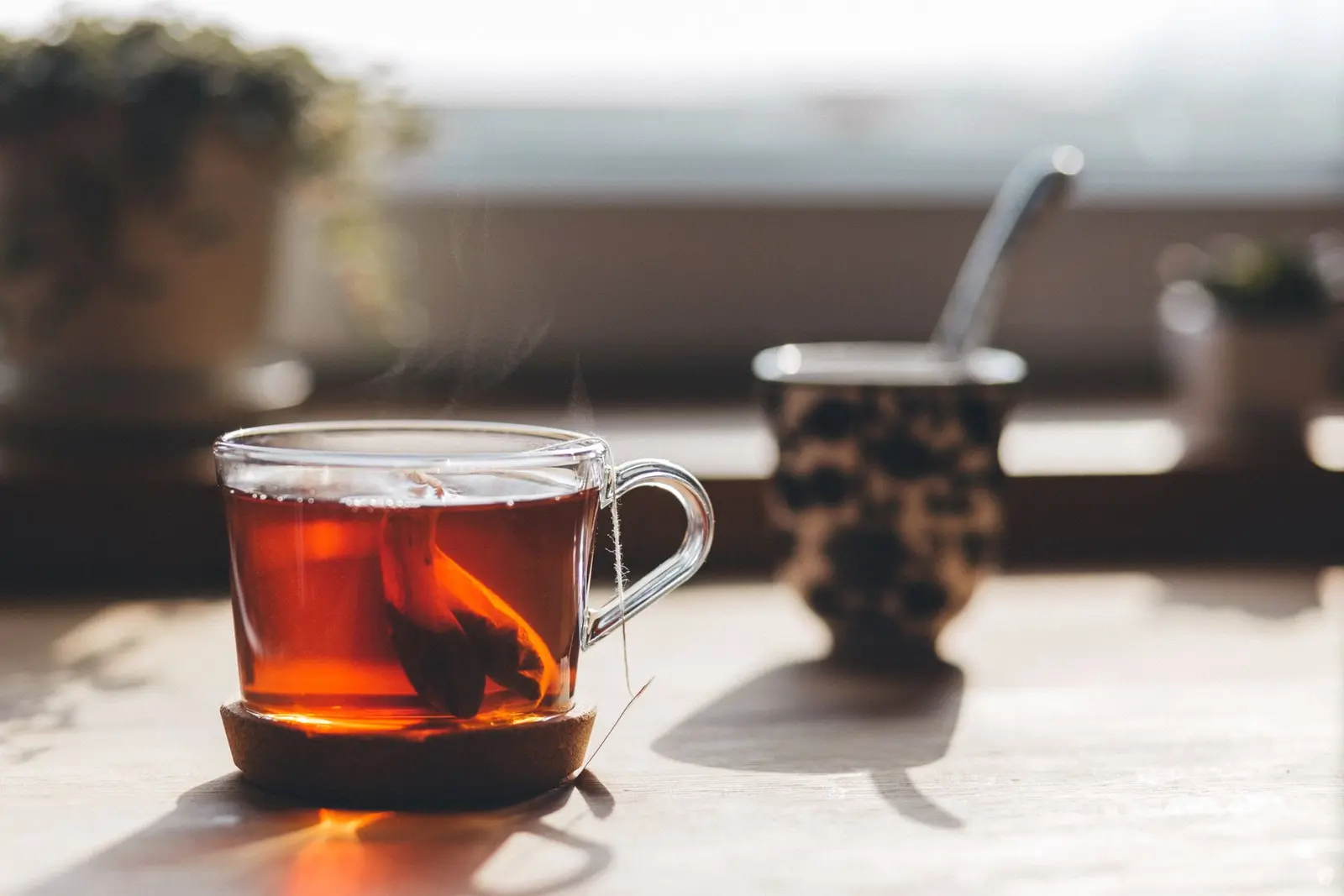 Glass cup of black tea steeping on a sunlit windowsill